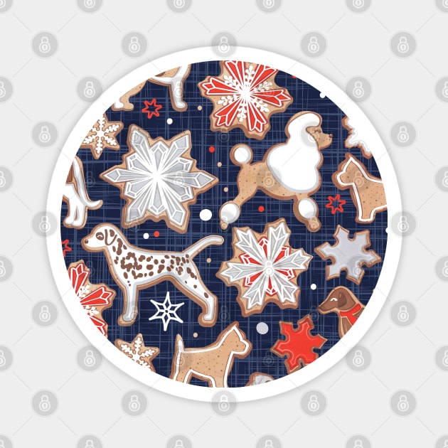 Catching ice and sweetness // pattern // navy blue background gingerbread white brown grey and dogs and snowflakes neon red details Magnet by SelmaCardoso